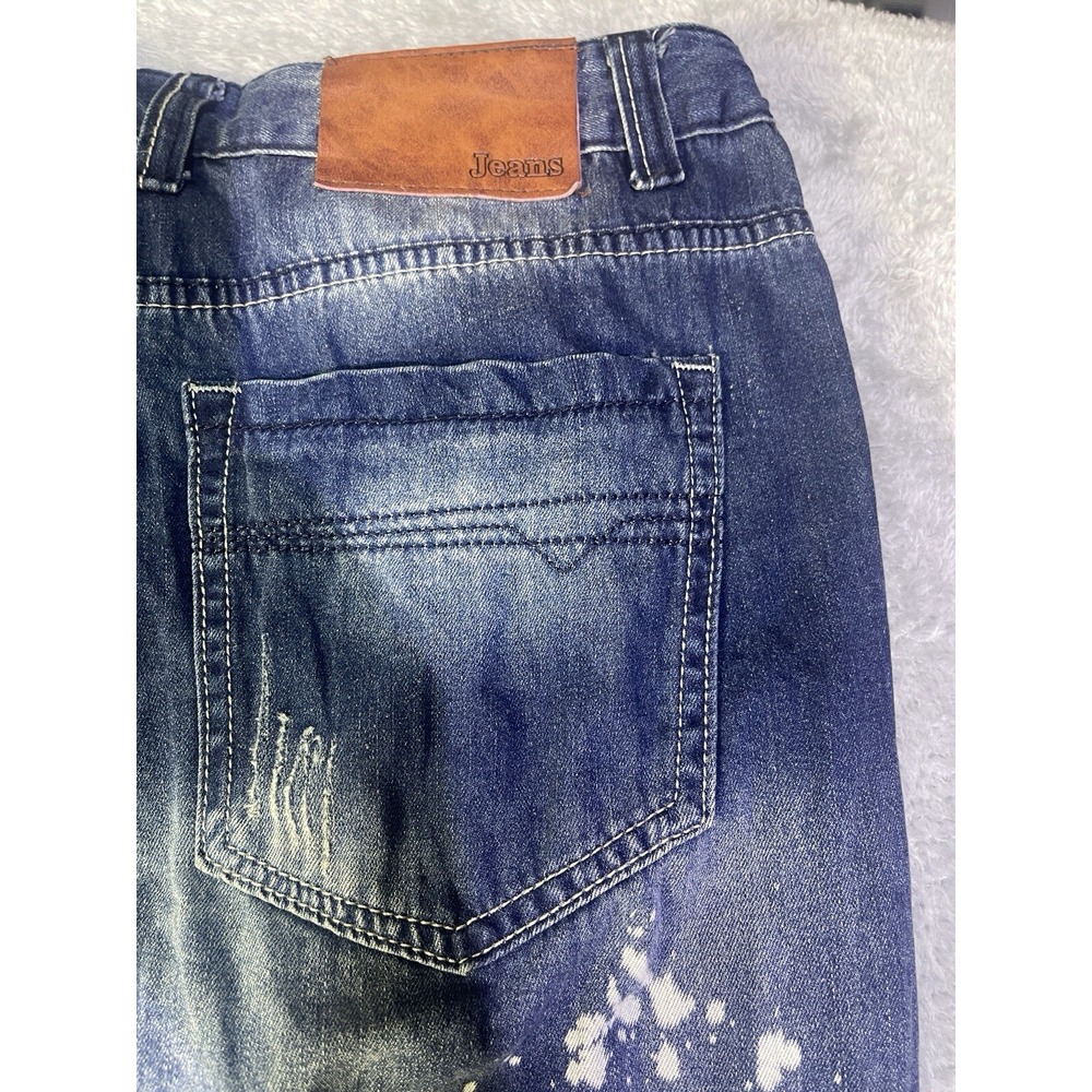 Dishou Jeans Men's 33X28 (Tag 36) Distressed Patched Splatter‎ Ripped Slim Blue - Picture 13 of 16